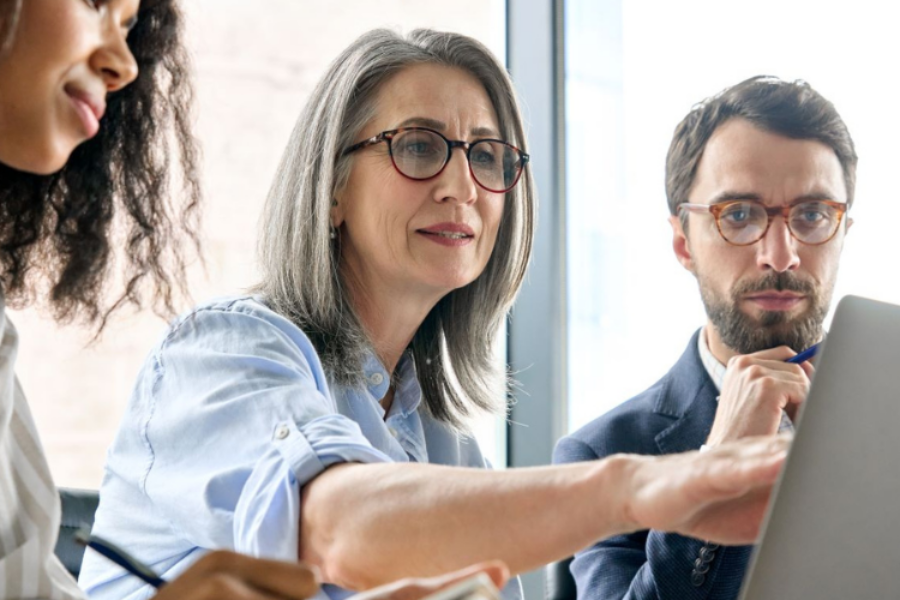 Three colleagues led by older lady looking at computer screen