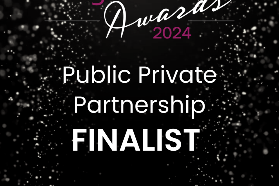 Pink and white text on a black background: LaingBuisson Awards 2024: Public Private Partnership FINALIST'